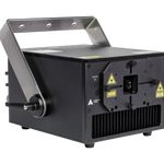 Black laser light projector with warning labels on a white background