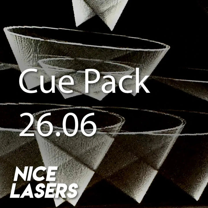 Black and white image of a 'Cue Pack 26.06' with 'Nice Lasers' text.