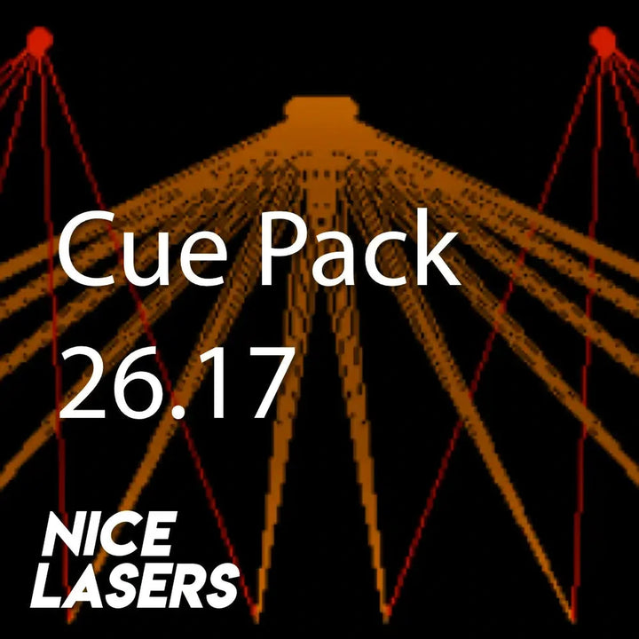 Orange and red laser beams fanning downward from twin sources on a black background with 'Cue Pack 26.17' and 'Nice Lasers' text overlay.