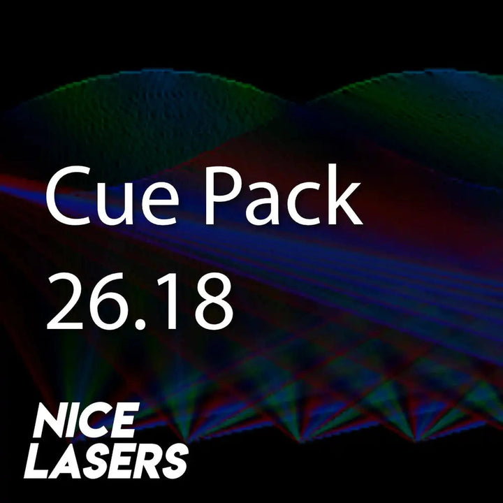 Red, green and blue laser waves rolling across a black background with 'Cue Pack 26.18' and 'Nice Lasers' text overlay.