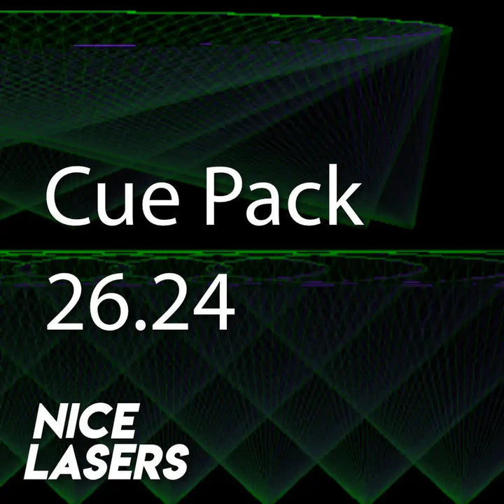 Green and Purple laser cue pack with pattern and 'Nice Lasers' branding
