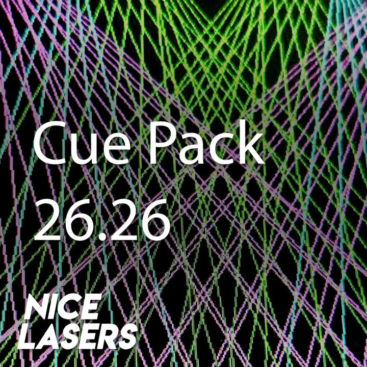 Cyan, green and pink laser cue pack with pattern and 'Nice Lasers' branding