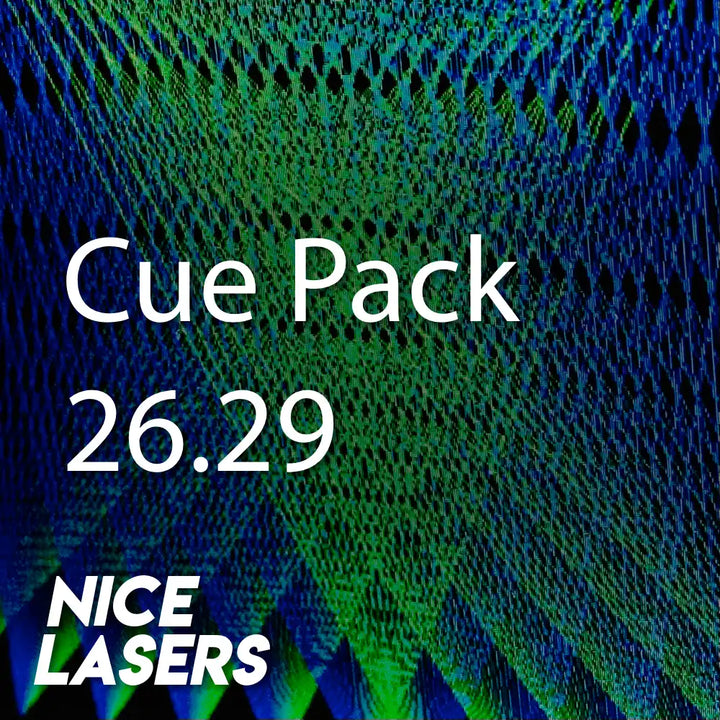 Blue and green laser beams in a crossing net pattern with 'Cue Pack 26.29' and 'Nice Lasers' text overlay.