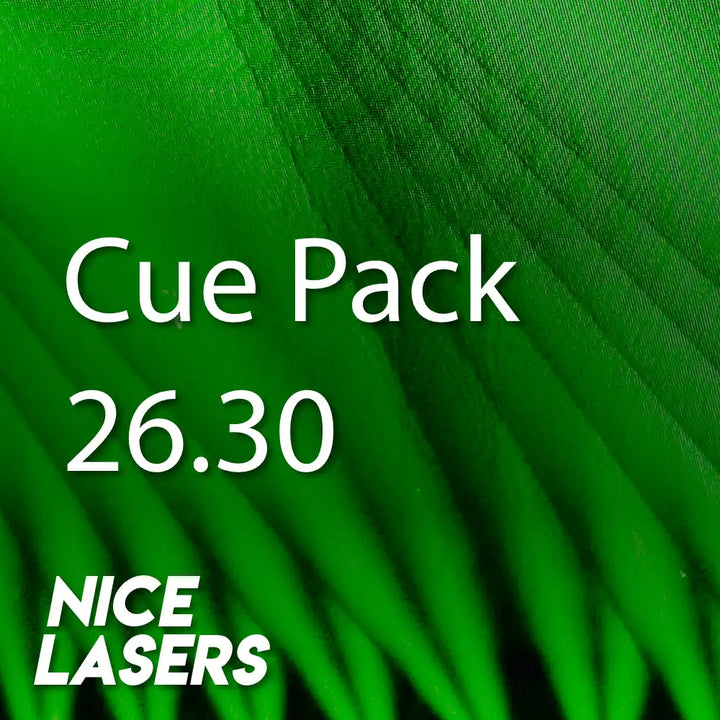 Green laser shapes fanning across the frame with 'Cue Pack 26.30' and 'Nice Lasers' text overlay.