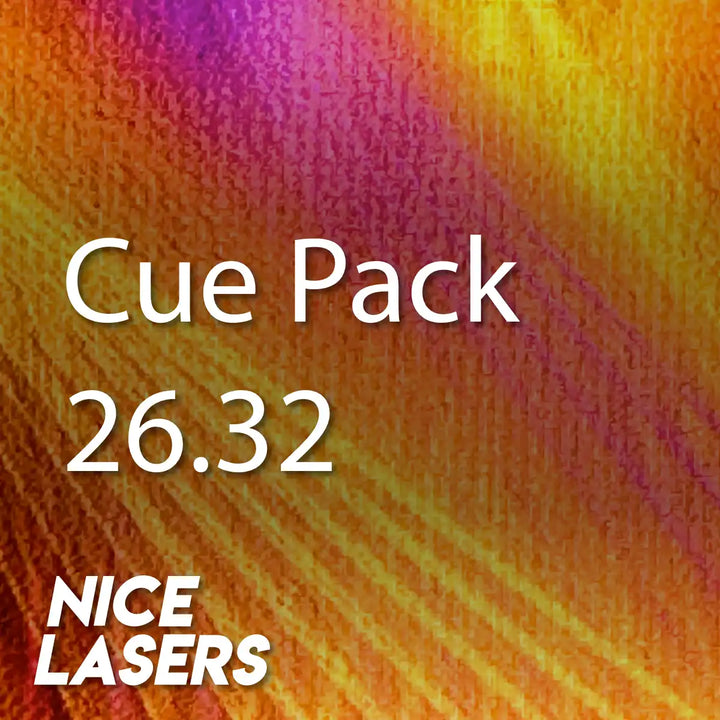 Sunrise laser cue pack with yellow, orange and purple gradients and 'Nice Lasers' branding
