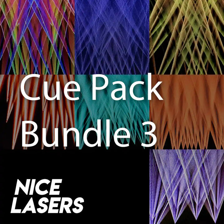 Seven laser cue backgrounds in a grid with 'Cue Pack Bundle 3' and 'Nice Lasers' text overlay.