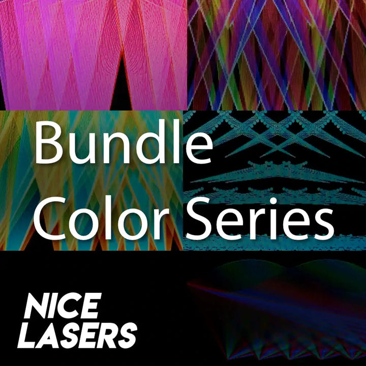 Four-panel grid of saturated pink, cyan, green and multicolour laser cue stills with 'Bundle Color Series' and 'Nice Lasers' text overlay.