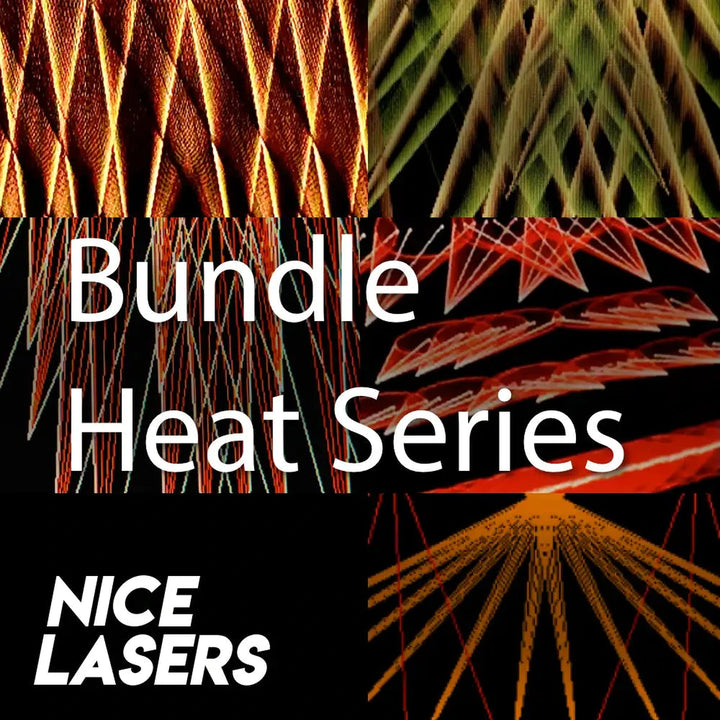 Four-panel grid of warm red, orange and gold laser cue stills with 'Bundle Heat Series' and 'Nice Lasers' text overlay.