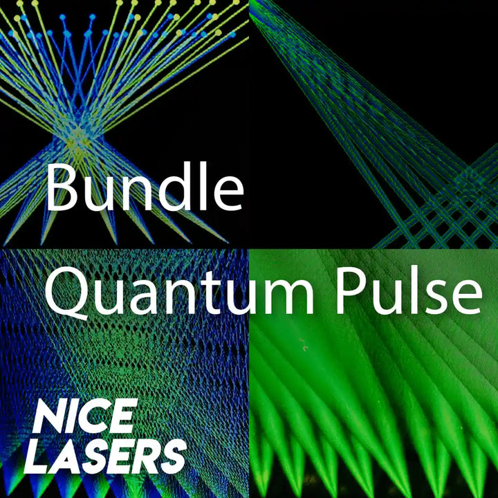 Blue and green laser beams and shapes in four tiles with 'Bundle Quantum Pulse' and 'Nice Lasers' text overlay.
