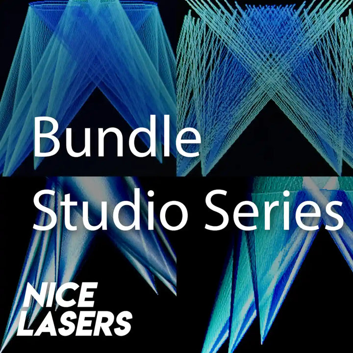 Studio Series I–IV laser cue pack bundle with blue and cyan shape and beam grid and 'Nice Lasers' branding