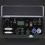 Unity Raw 10 rear panel: DMX in/out, ILDA in/thru, interlock, safety key, power