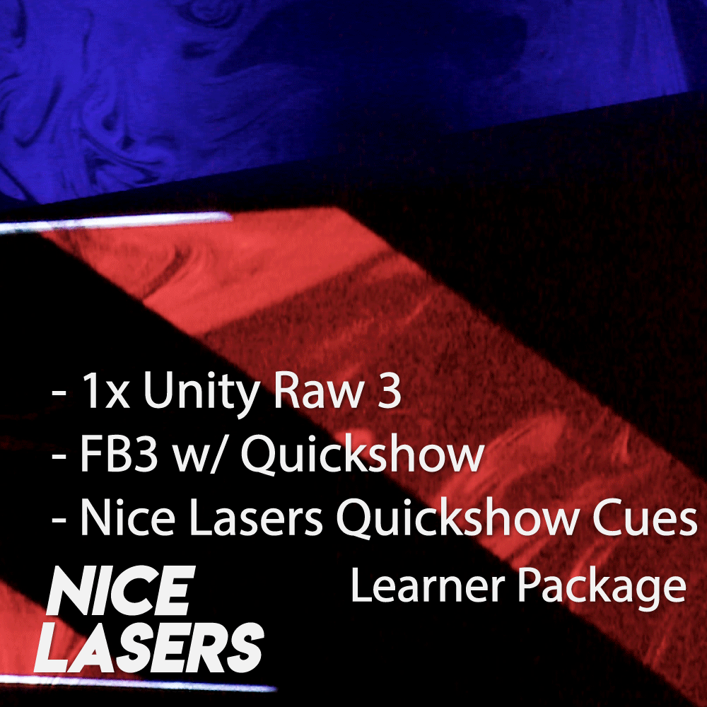 Red and blue lasers behind white text and Nice Lasers logo. 1x Unity Raw 3, FB3 with Quickshow software and Nice Lasers Quickshow Cues come with the Learner package